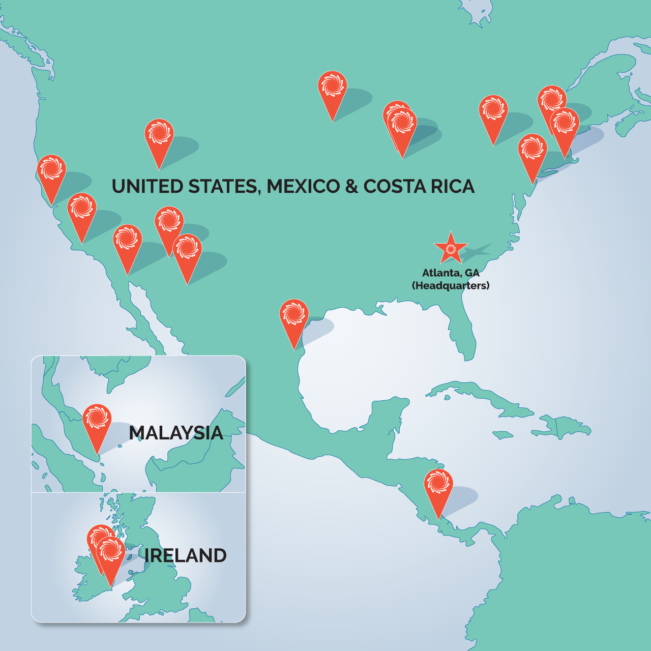 A map with red markers showing SPG's national and international locations