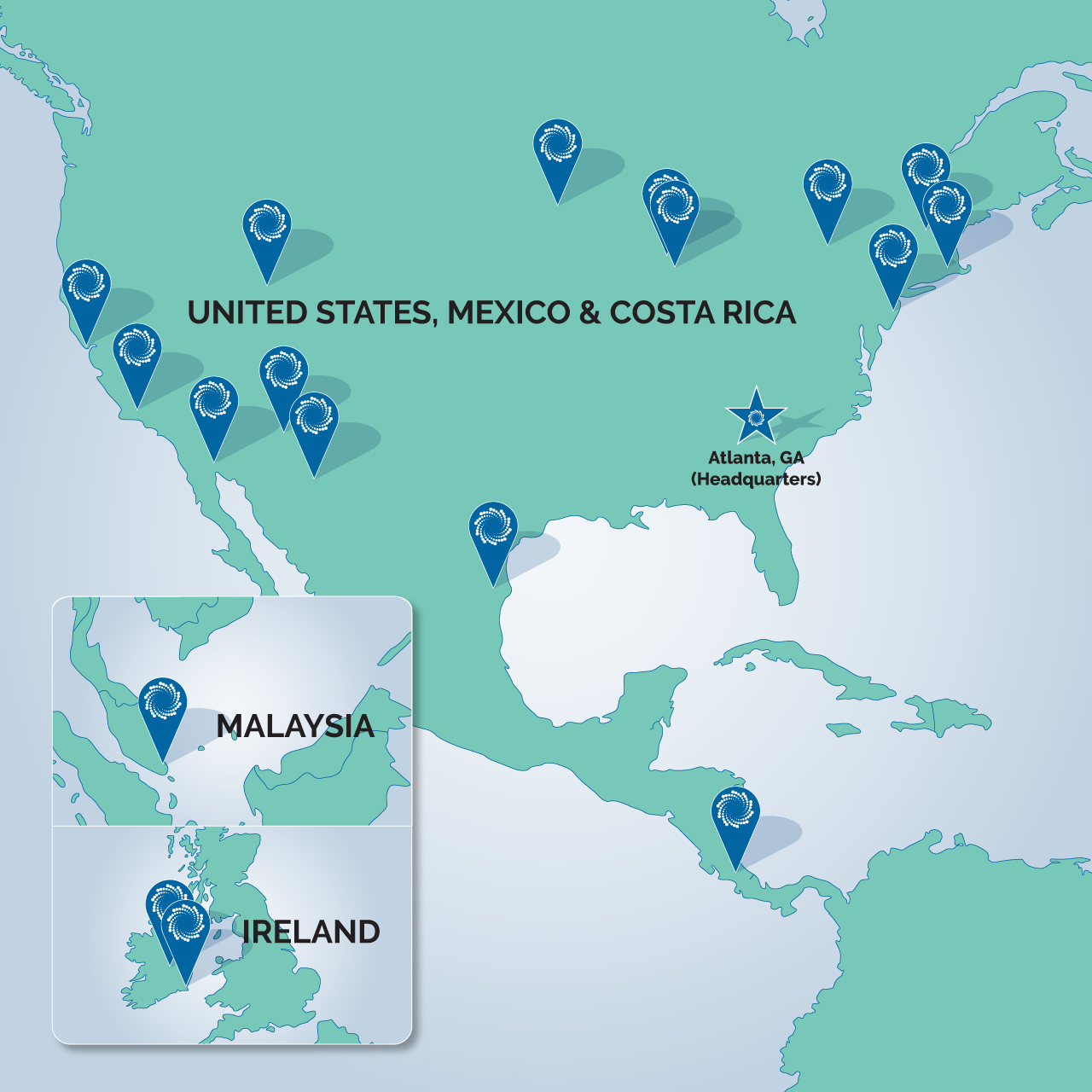  A map with red markers showing SPG's national and international locations