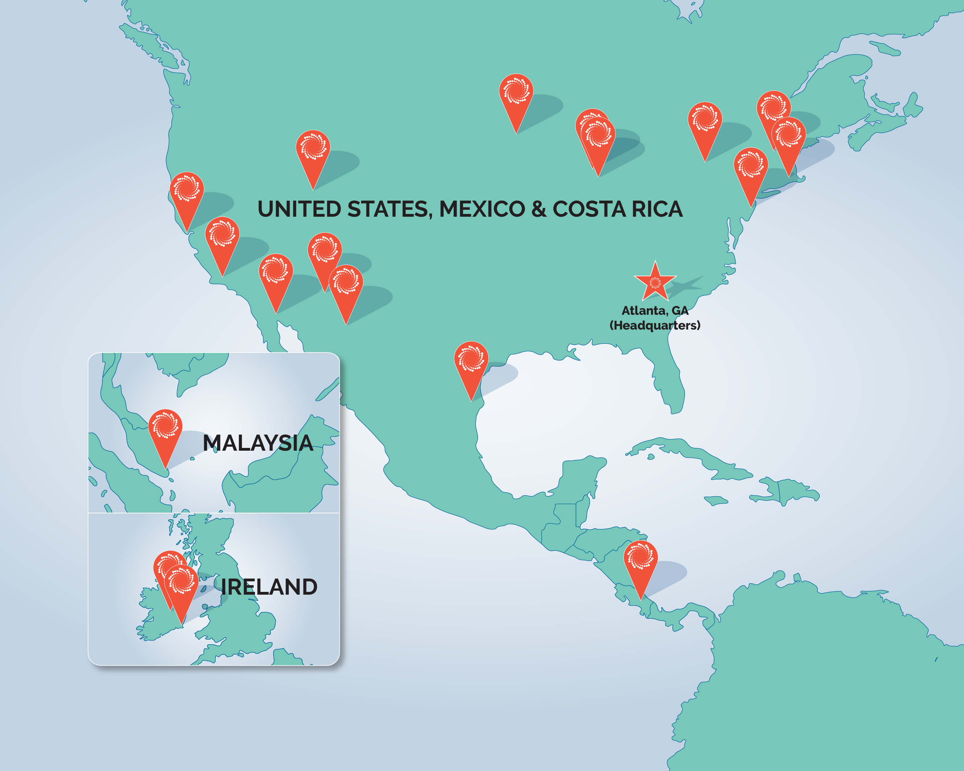 A map with red markers showing SPG's national and international locations