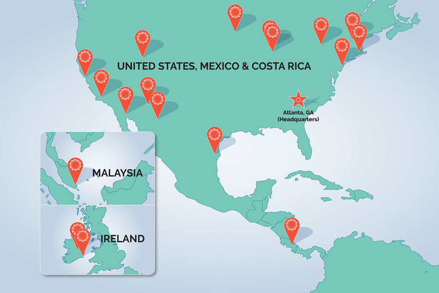 A map with red markers showing SPG's national and international locations