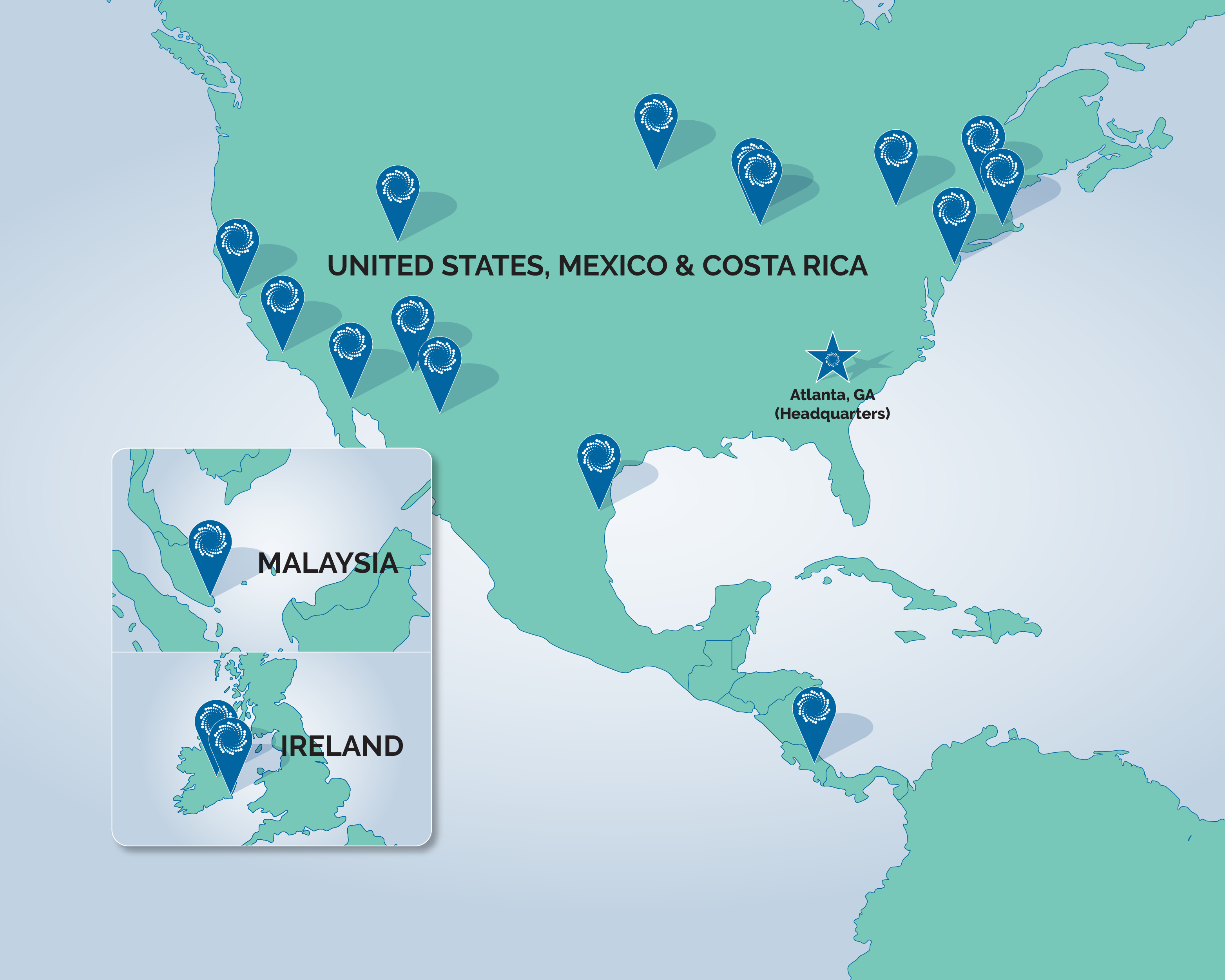 A map with blue markers showing SPG's national and international locations